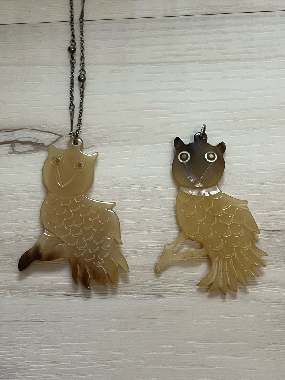 2 VTG Carved Horn Owl Pendants & 1 Necklace Chain